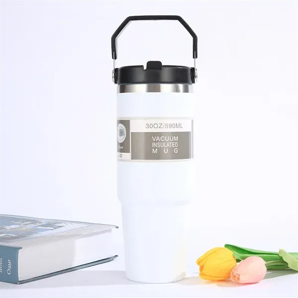 30oz Steel Insulated Top Handle Flip Straw Car Tumbler