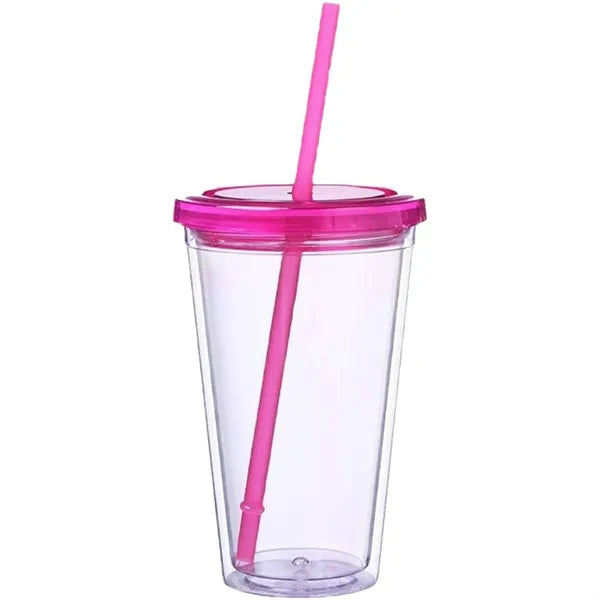 16 OZ Double Wall Plastic Cup With Lid And Straw