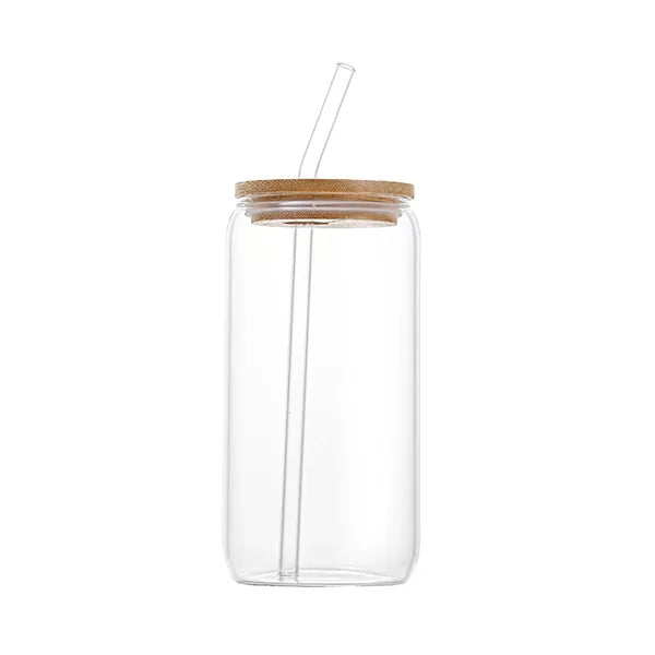 16 Oz Bamboo Lid Drinking Glass Bottles W/ Straw