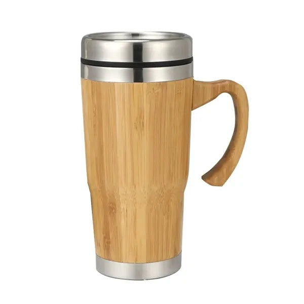 15 Oz Stainless Steel Bamboo Tumbler w/Handle