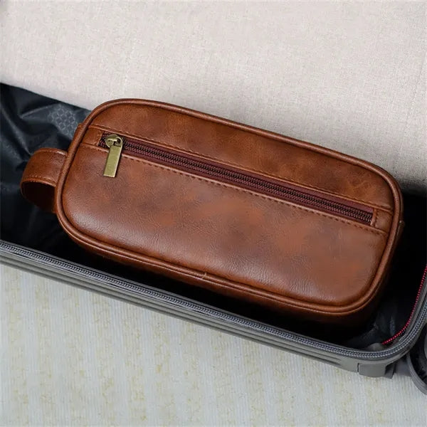 Black PU Leather Zipped Travel Toiletry Bag Mens