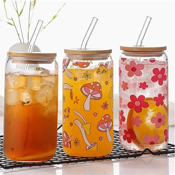 12 oz. Can Shaped Glass Cup w/ Bamboo Lid & Straw