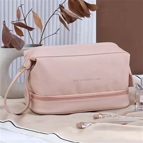 Leather Cosmetic Bag for Women Double Layer Makeup