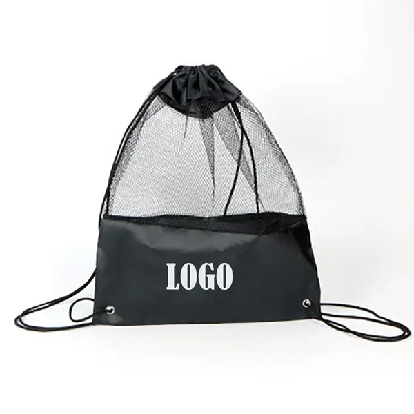 Drawstring Mesh Spliced Polyester Fabric Bag