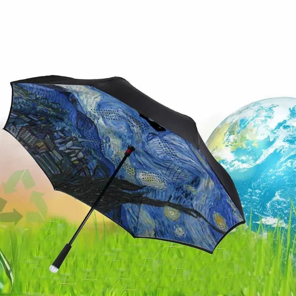 LED Handle Inverted Umbrella with Windproof Double Canopy