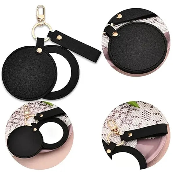 Round Folding Swivel Leather Makeup Mirror Keychain