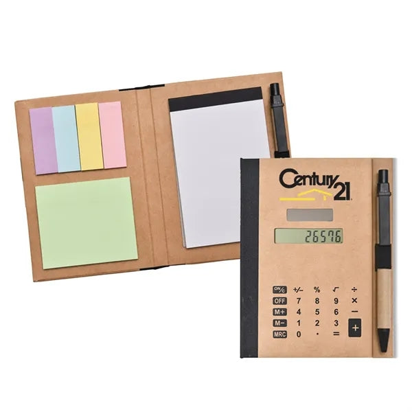Recycled Solar Calculator with Pen, Notepad, Sticky Notes