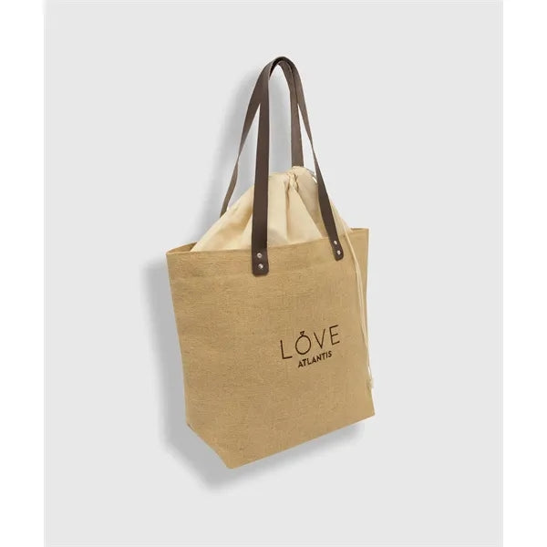 Embroidered Burlap Tote with Leather Handles
