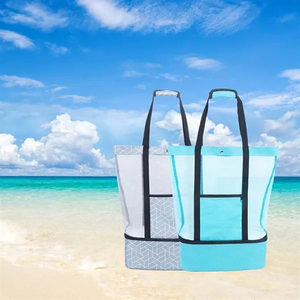 Mesh Beach Tote With Cooler Compartment Zipper Pocket