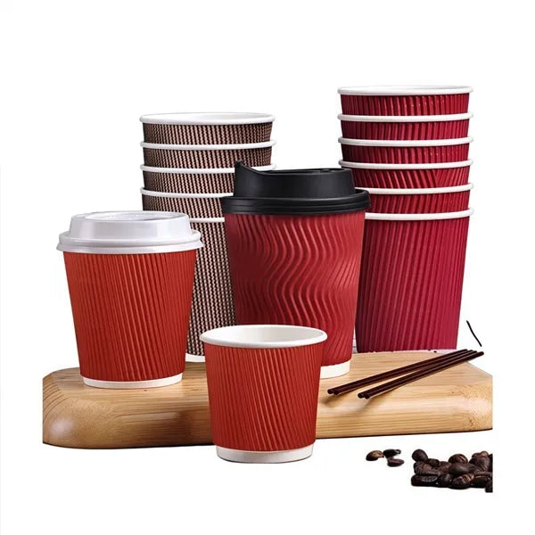 12oz Insulated Kraft Ripple Disposable Coffee Cups With Lids
