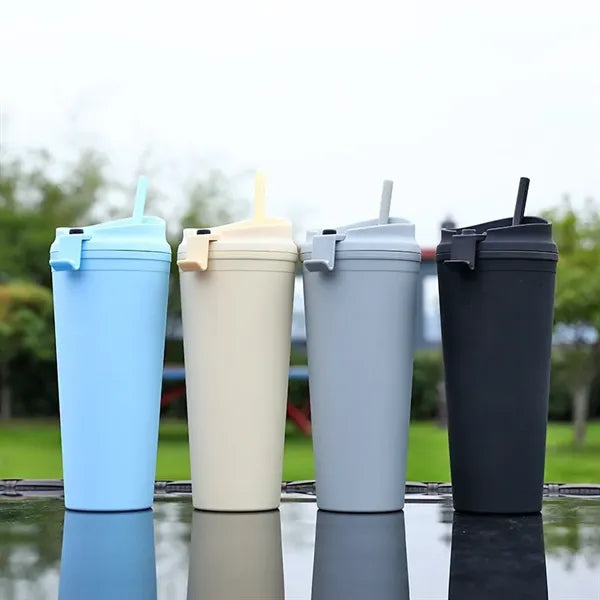 24oz Travel Car Double Wall Plastic Tumbler W/ Straw Lid
