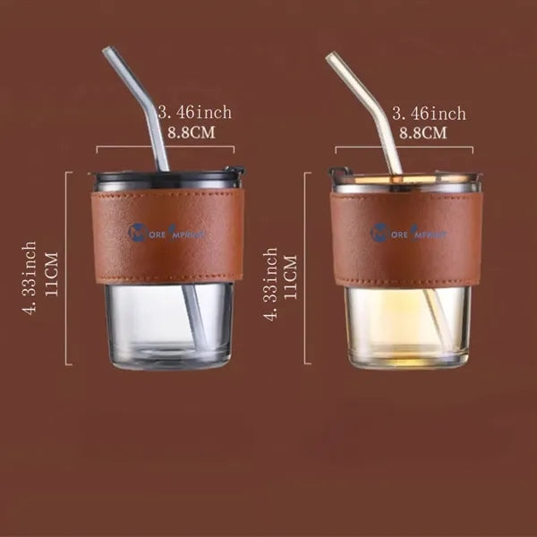 13oz Glass Cup Lid Straw PU Leather Sleeve Coffee Mug