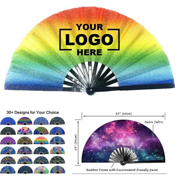 13" Rainbow Bamboo Hand Fan With UV Glow Ink