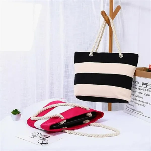 Striped Canvas Beach Tote Bag with Rope Handles