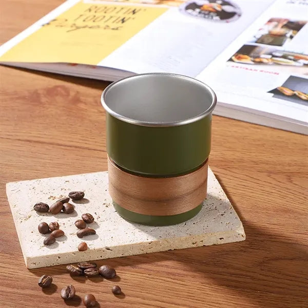 10 oz. stainless steel mug with lid, straw, wooden sleeve