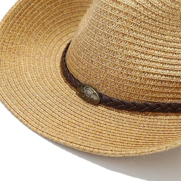 Western Style Wide Brim Straw Sun Hat with Chin Strap
