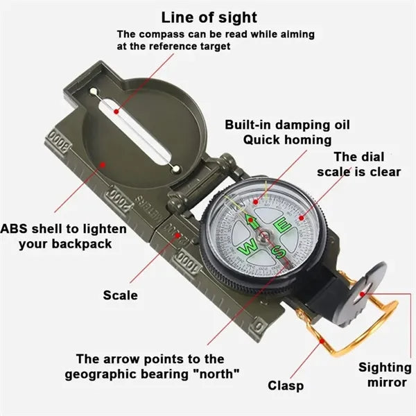 Military Green Survival Compass Tool