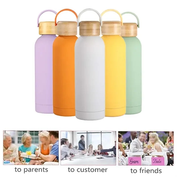 Double-wall vacuum insulated water bottle with wooden lid