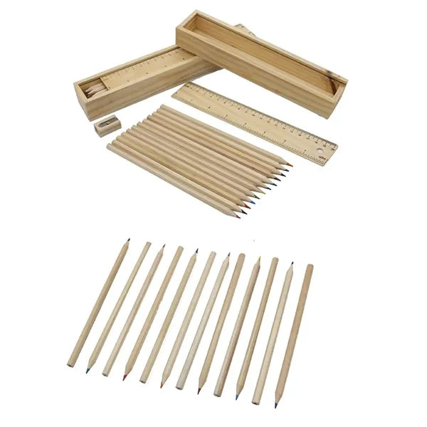12-Piece Colored Pencil Set In Wooden Ruler Box