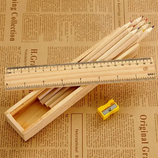 Wooden Ruler Box with 12 Colored Pencils