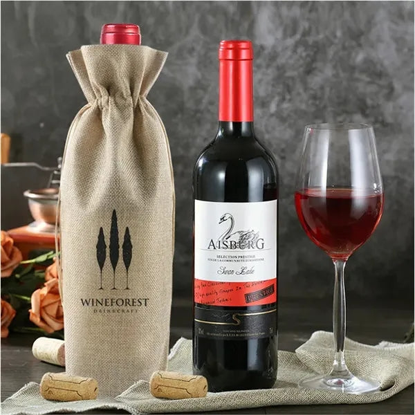 Linen Red Wine Burlap Bag with Drawstring Closure Pouch