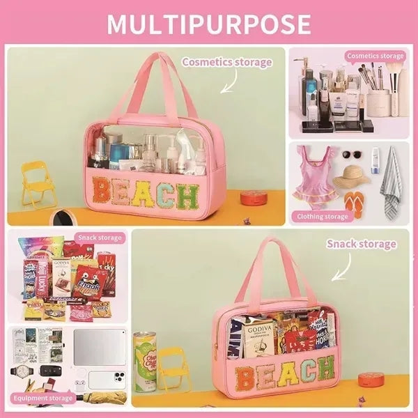 Waterproof Chenille Letter Patch Clear Makeup Bag