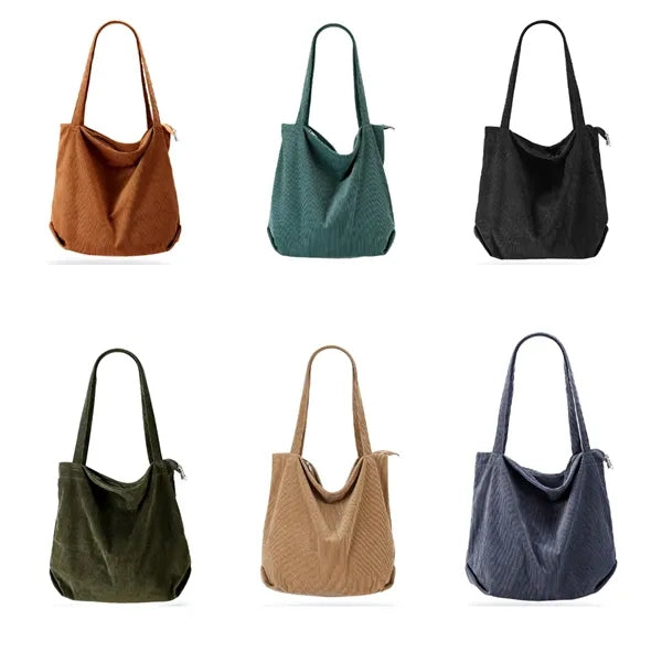 Corduroy Zipper Tote Bag with Pockets