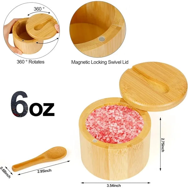 Bamboo Salt Cellar Spice Box with Magnetic Lid & Spoon