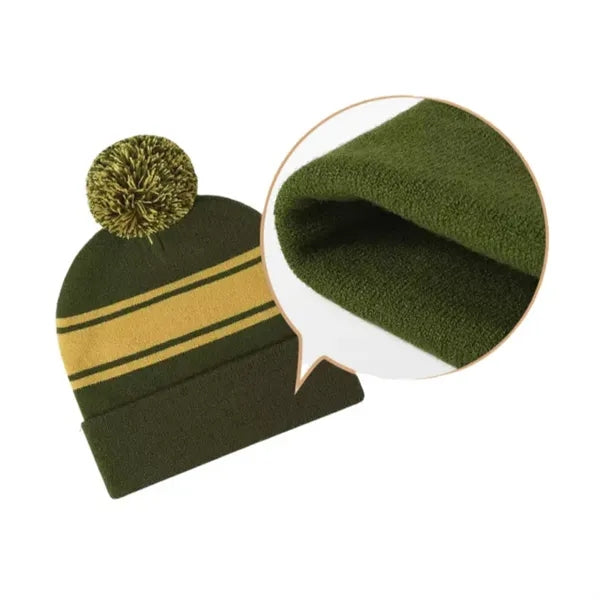 Two-Tone Knit Pom Beanie With Cuff