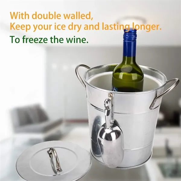 4L Silver Double Walled Ice Bucket With Lid And Scoop