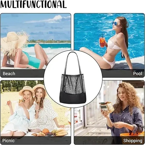 Mesh Bag Canvas Beach Tote Shoulder Handbag Foldable