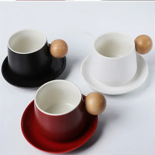 Ceramic Coffee Cup Set With Wooden Handle