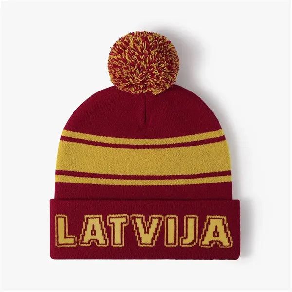 Acrylic Two-Tone Knit Beanie With PomPom And Embroidery