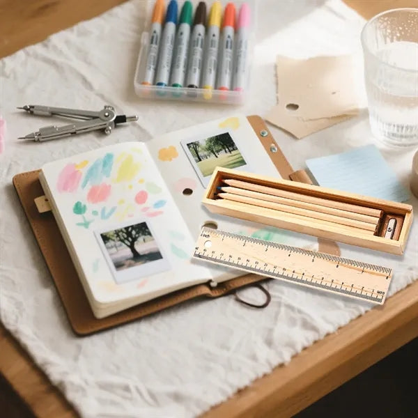 Wooden Ruler Pencil-Box With 12 Colored Pencils