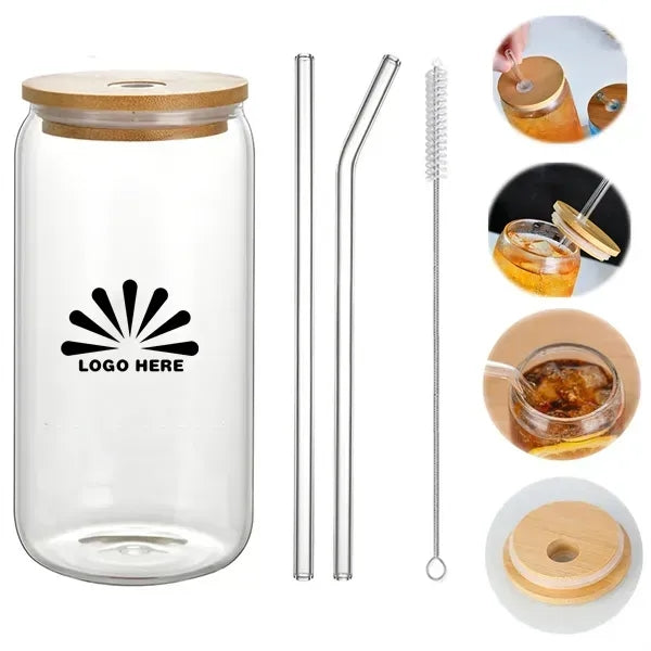 16 Oz Can Glass With Bamboo Lid and Straw/Straw Brush