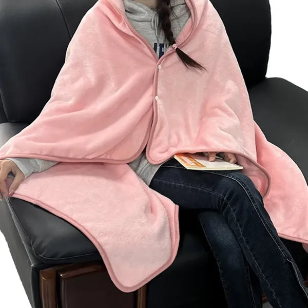 Wearable Coral Fleece Blanket with Button and Foldable Pouch