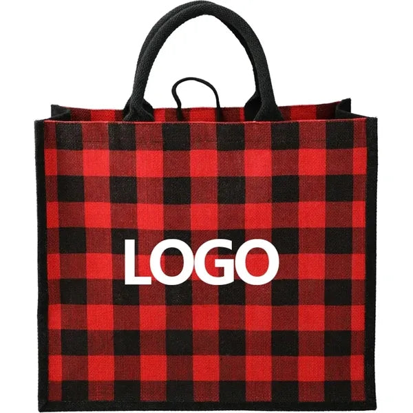 Plaid Printed Jute Tote