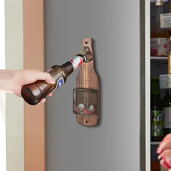 Wooden Wall Mounted Bottle Opener with Cap Catcher