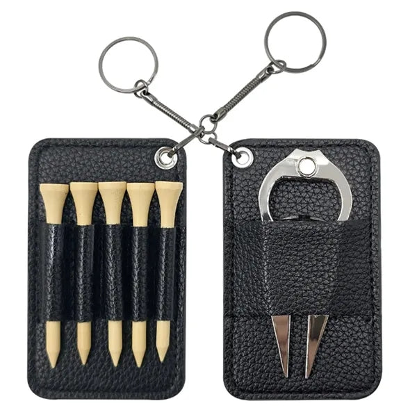 Golf Tee and Divot Tool Keychain Set Faux Leather Holder