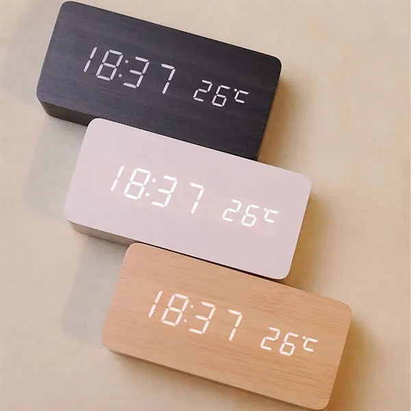 LED Wooden Digital Alarm Clock Multifunction Desk Display
