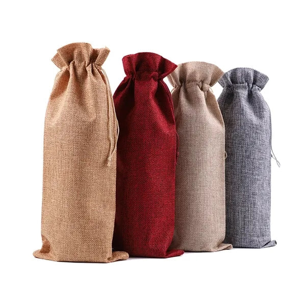Bunched Mouth Linen Wine Bag