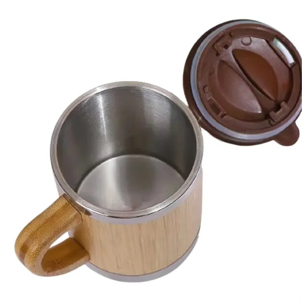 Double-Wall Exterior Bamboo Interior Stainless Handled Mug
