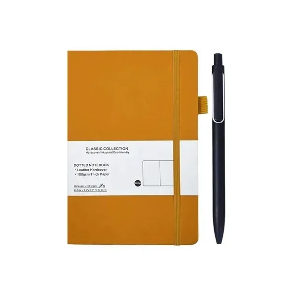 A5 Leather Dotted Notebook Set - Metal Pen Included