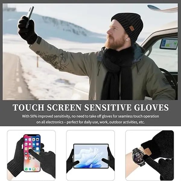 Winter Knit Hat Touchscreen Glove Scarf Set for Men Women