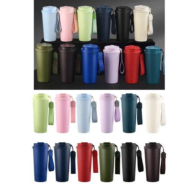 Insulated Coffee Travel Cup With Straw And Strap