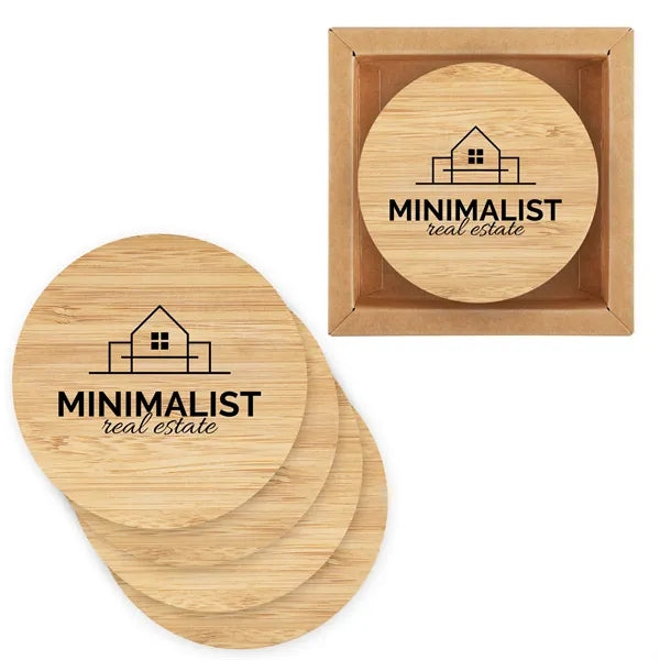 Round Bamboo 4 Pc. Coaster Set In Box