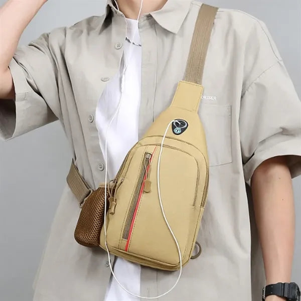 Nylon Crossbody Sling Bag with Bottle Holder USB Charging