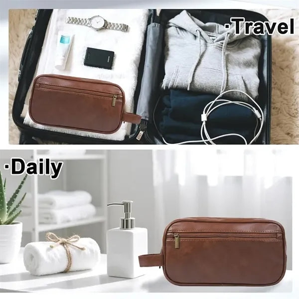 Mens Travel Toiletry Bag Leather Water Resistant
