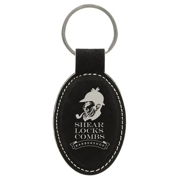 Black/Silver Laserable Leatherette Oval Keychain