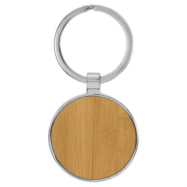 Bamboo Leatherette/Metal Round Keychain